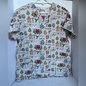 Vintage White Swan Christmas Festive Scrub Top S